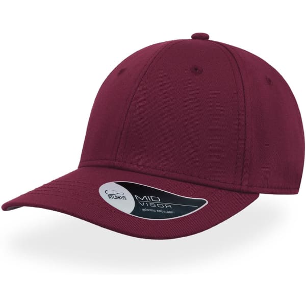A maroon cap with a rounded crown and a curved brim, featuring a small logo on the side.