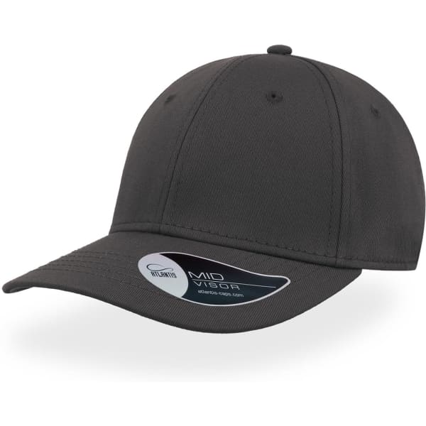A dark grey cap with a rounded crown and a curved brim, featuring a logo on the side.