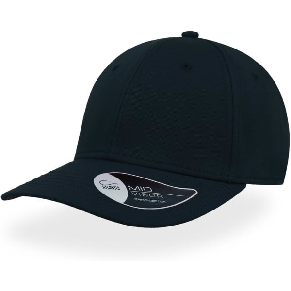 A black cap with a mid visor, featuring a branded label on the side.