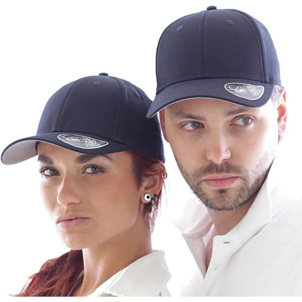 Two individuals are wearing navy blue caps featuring a logo. The caps have a classic design with a curved brim.