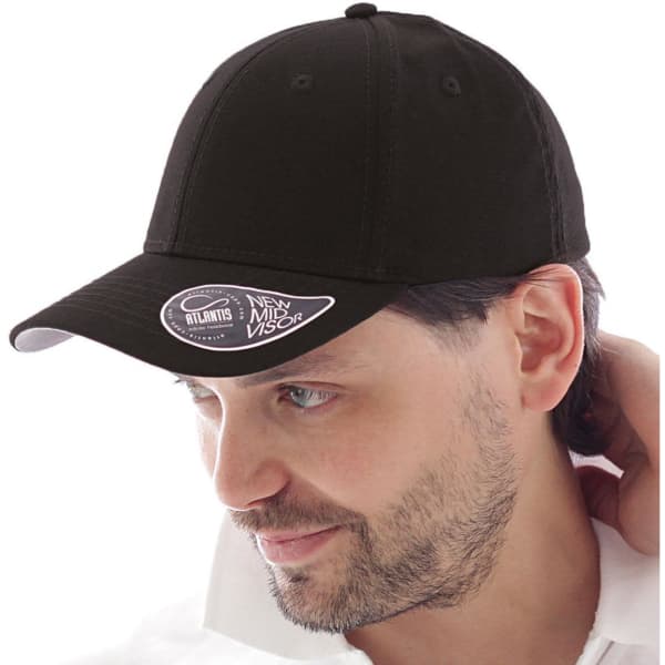 A black cap featuring a curved visor and an attached logo on the side.