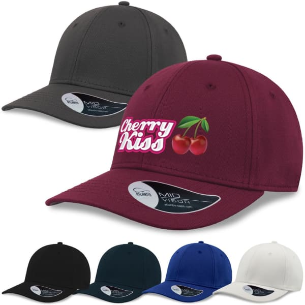 A collection of caps in black, dark grey, maroon, royal blue, and white, featuring a logo on the maroon cap.