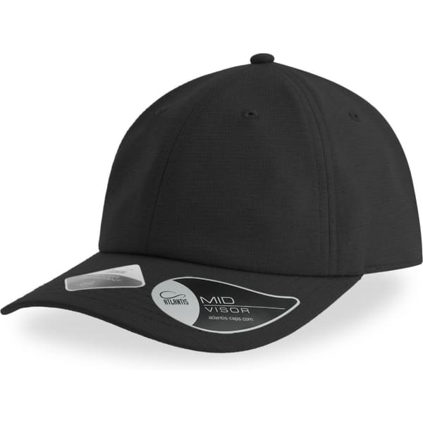 A black cap with a mid visor, featuring a logo and a smooth texture.