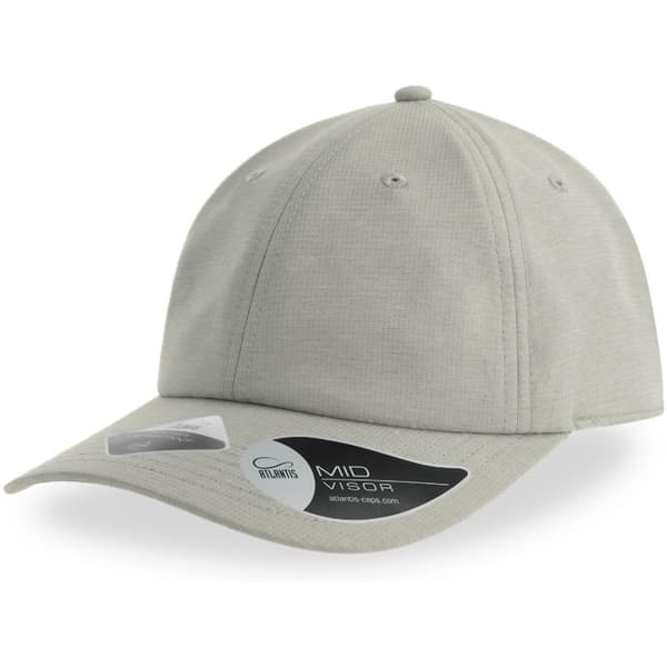 A light grey cap with a mid visor and a branded label on the side.