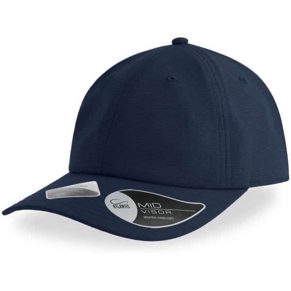 A navy cap with a mid visor, featuring a branded tag on the side.