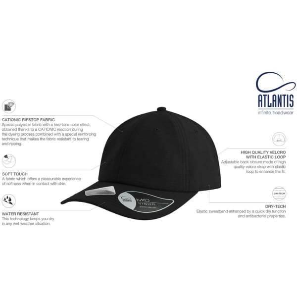 A black cap featuring a curved peak, water-resistant fabric, and a logo. It has an adjustable strap and soft touch.