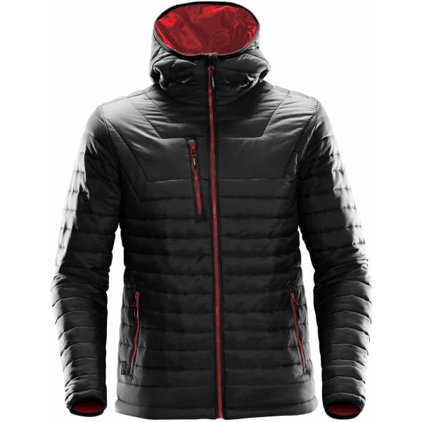 Men's Gravity Thermal Jacket in black with red accents, featuring a hood and multiple zippered pockets.