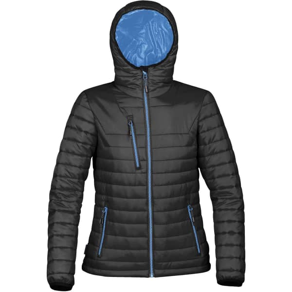 A black puffer jacket with a blue interior, featuring a hood and zippered pockets. It has a logo on it.