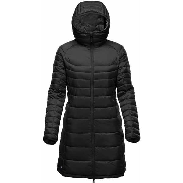 A black women's parka with a hood, featuring a quilted design and a full-length zip front. It has a branding logo.