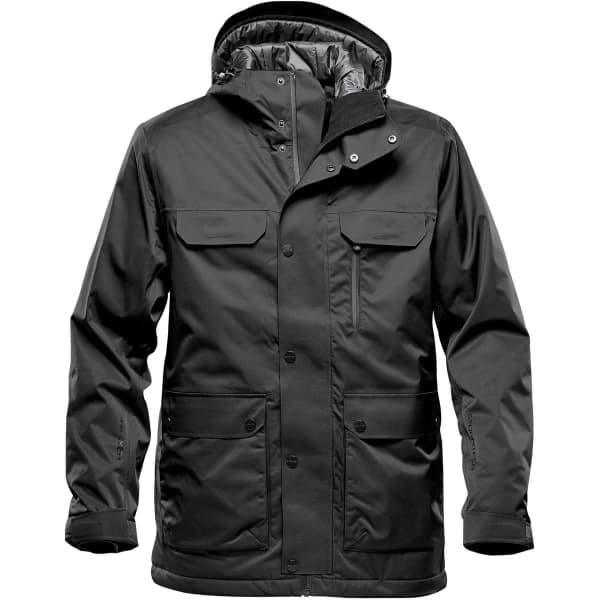 A black thermal jacket with a hood and multiple pockets, featuring a logo on the chest.