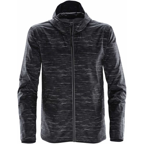 A lightweight black rain jacket with a textured pattern and a hood, featuring a logo on the front.