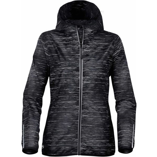 A women's lightweight shell jacket in black and grey with a hood and a zip front. Features a logo on the chest.