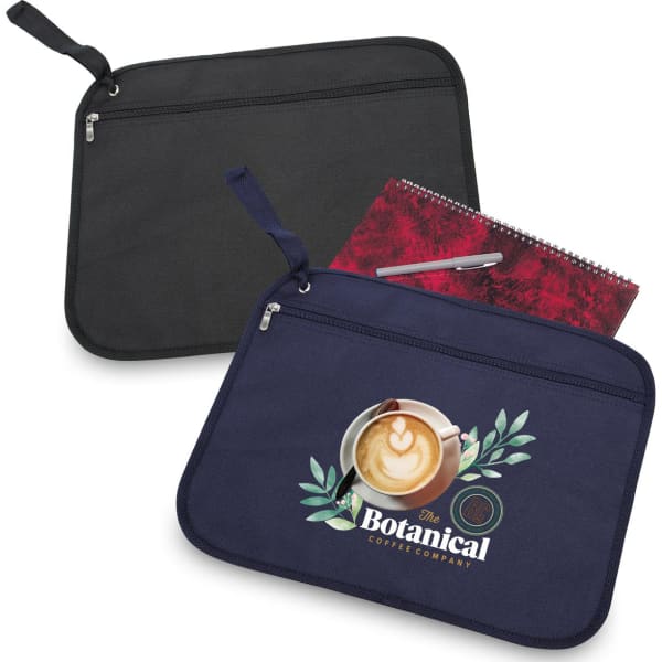A navy and black satchel with a zip, featuring a logo and a pocket holding a notepad and pen.
