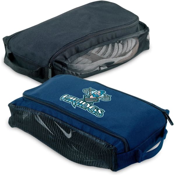 A platform shoe carrier in black and navy, featuring mesh panels and branding. Ideal for transporting shoes.