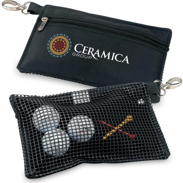 A black microfibre accessories bag with a logo, featuring a zippered compartment and a mesh side holding golf balls and tees.