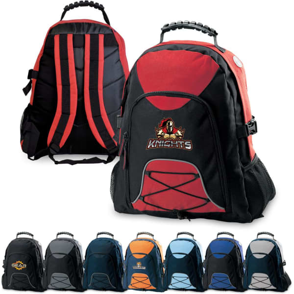 A red and black Climber Backpack with padded straps and a logo, alongside various coloured options.