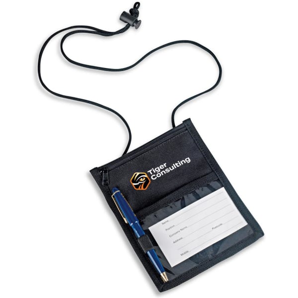 A black neck wallet with a pen and a clear pocket for a badge, featuring a logo on the front.