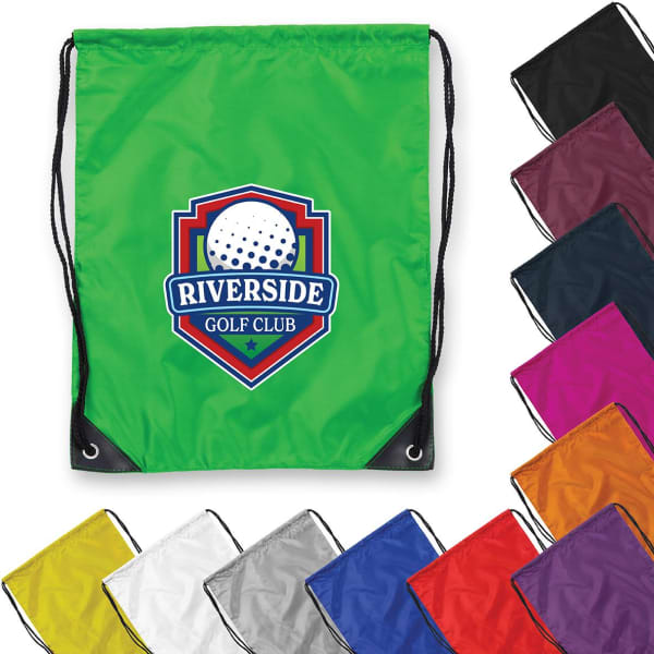 A green drawstring bag with a logo, surrounded by various coloured bags including black, pink, and yellow.