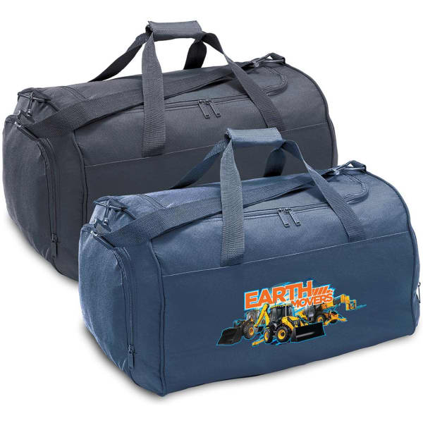 Two duffle bags in navy blue and black, one featuring a logo, with double handles for carrying.