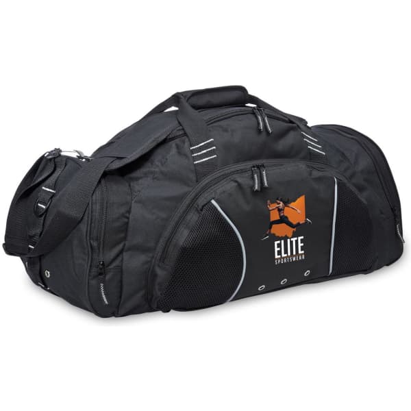 A black travel sports bag featuring mesh panels and a logo. It has dual handles and a shoulder strap for easy carrying.