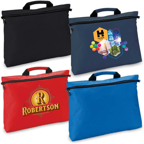 A collection of four satchels in black, navy, red, and blue, each featuring a logo or design.