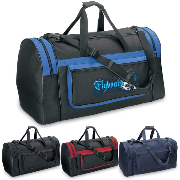 A black duffle bag with blue accents and a logo, featuring a detachable shoulder strap and additional colour options.