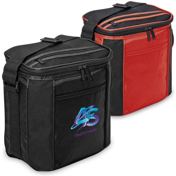A drink cooler bag in black and red, featuring a shoulder strap and a logo on the front.