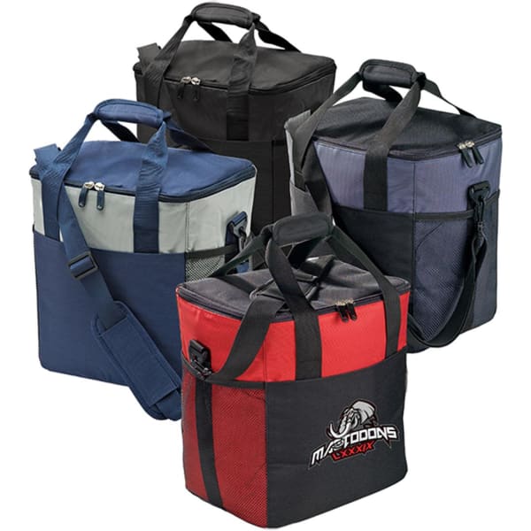 A large cooler bag in various colours, including navy, grey, black, and red, featuring multiple handles and a logo.