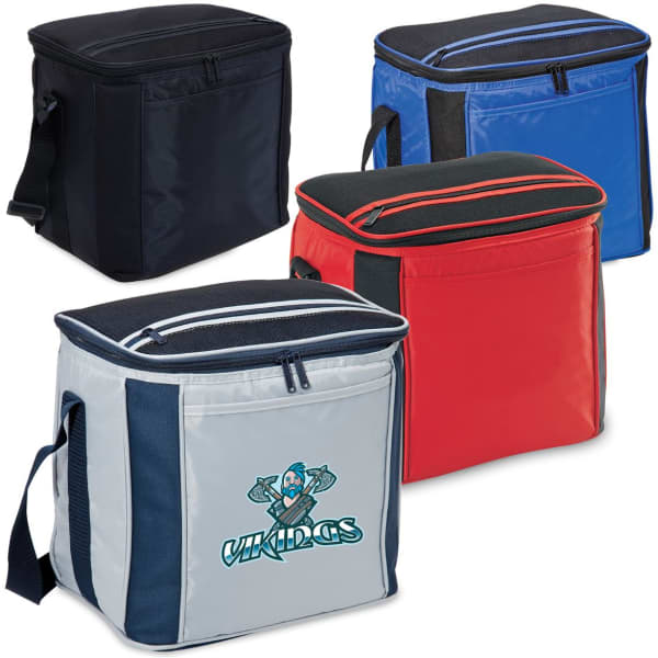 A collection of large cooler bags in black, blue, red, and grey, each with a zippered closure and a shoulder strap.