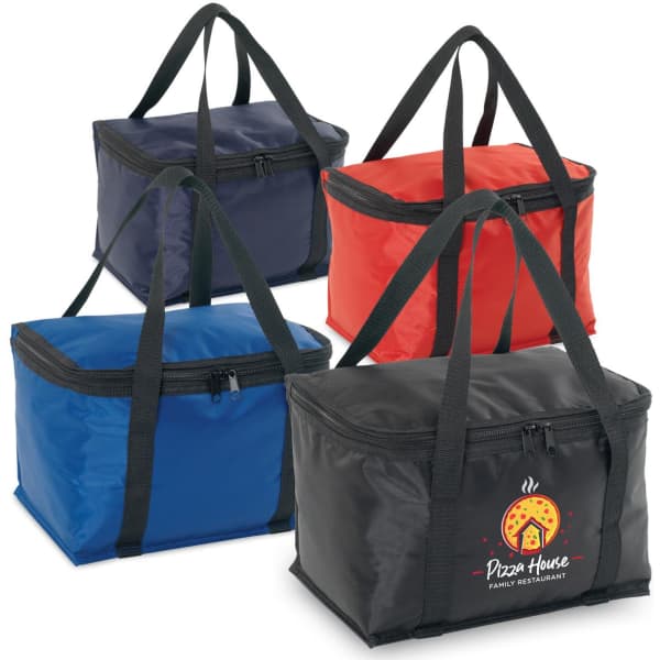 Four cooler bags in red, blue, charcoal, and navy colours, featuring sturdy handles and zippers. One bag displays a logo.