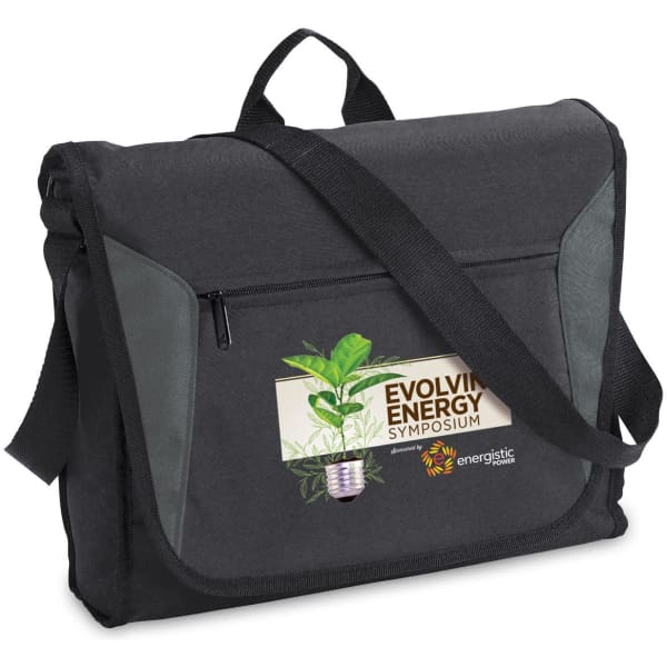 A black satchel bag with grey accents, featuring a front pocket and a logo.
