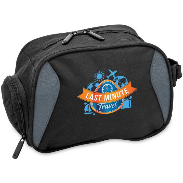 A black toiletry bag with grey accents and a logo featuring travel-themed icons. Zippered compartments are visible.