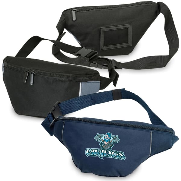A collection of three waist bags in black and navy, featuring varying designs and a logo on one bag.
