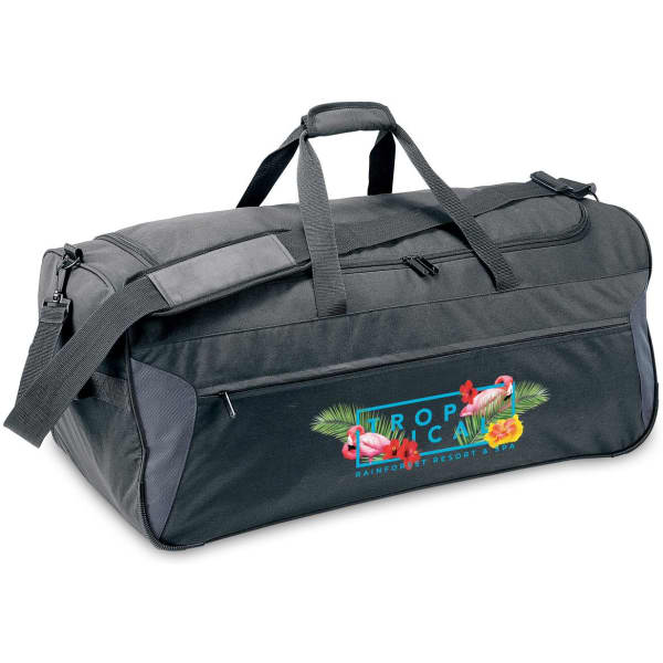 A black wheeled duffle bag with a shoulder strap and a logo, featuring tropical-themed graphics.