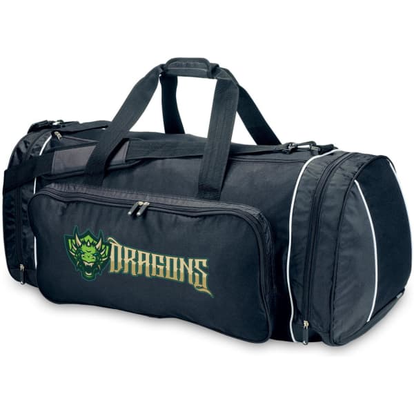 A black duffle bag with a green and gold logo, featuring multiple compartments and sturdy handles.
