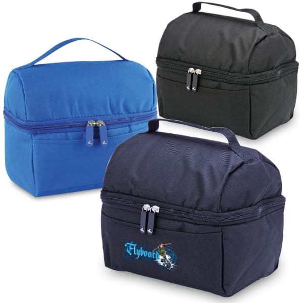 A set of lunch bags in blue and black, featuring zippered compartments and carrying handles. One has a logo.