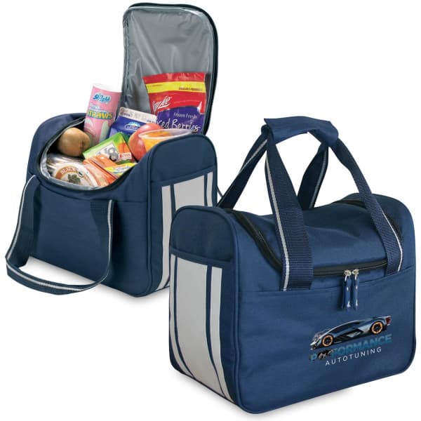 A navy blue cooler bag with a zippered opening, filled with snacks and featuring a logo.