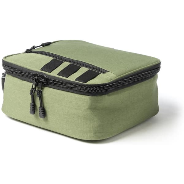 A green pack cooler with a zippered closure and black details, featuring a sturdy rectangular design.
