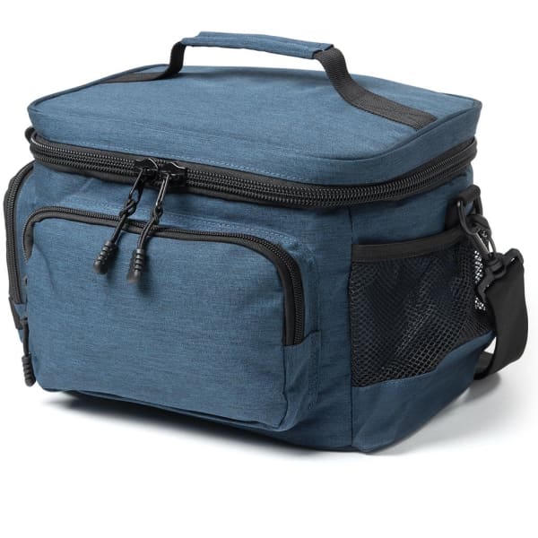 A blue lunch cooler with a zipped compartment, exterior pockets, a handle, and a shoulder strap. It features a logo.