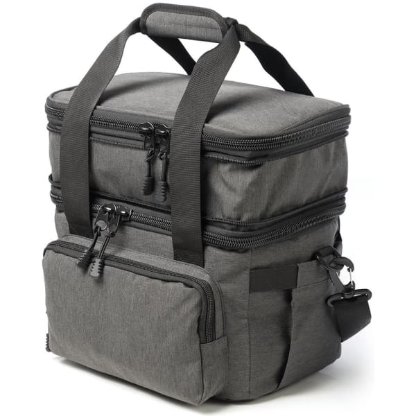 A grey expanding cooler bag with dual compartments, featuring zippers and a sturdy handle for easy transport.