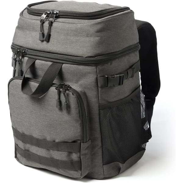 A grey backpack cooler featuring multiple zippered compartments, a mesh side pocket, and adjustable straps.
