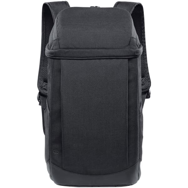 A black cooler backpack with adjustable shoulder straps and a smooth exterior, featuring a logo on the front.