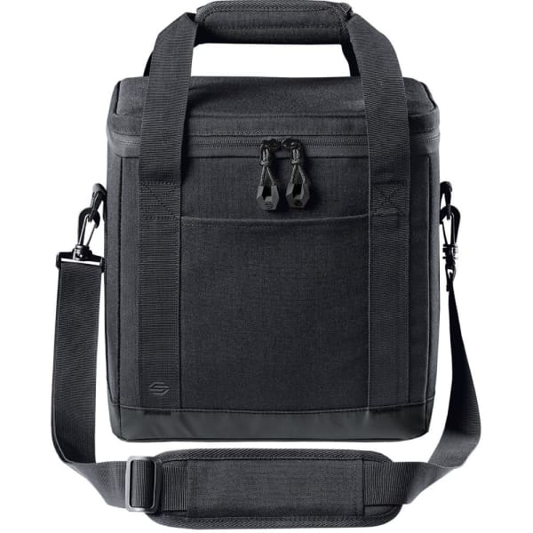 A black cooler bag with a zippered front pocket, short handles, and an adjustable shoulder strap. It has a logo.
