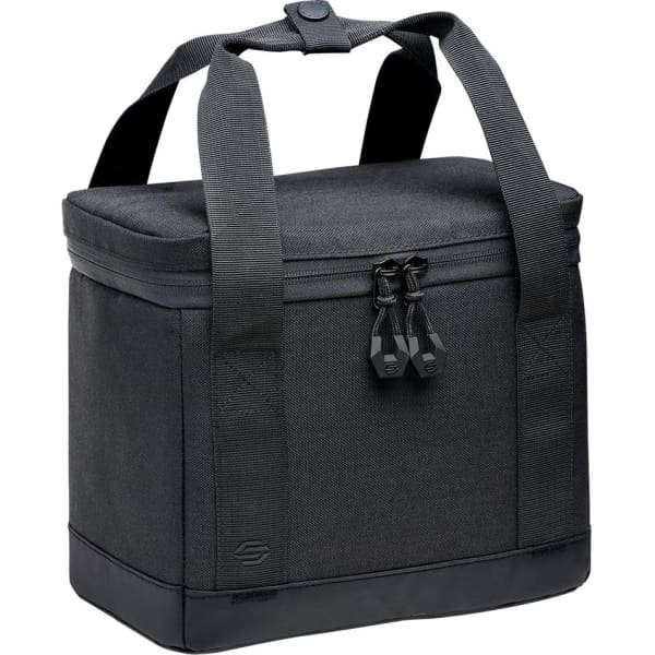 A cooler bag in dark grey with sturdy handles and a zippered closure, featuring a logo on the side.