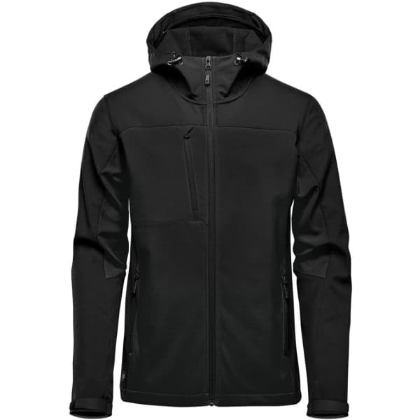 A black softshell hooded jacket with a zippered front, featuring pockets and a logo.