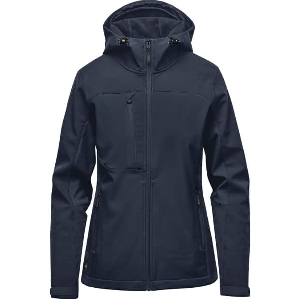 A women's navy softshell jacket with a hood, featuring zippered pockets and a logo.