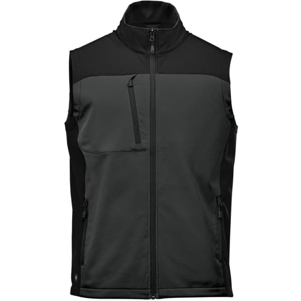 A men's softshell vest in green and black, featuring a zip front and side pockets, with a logo.