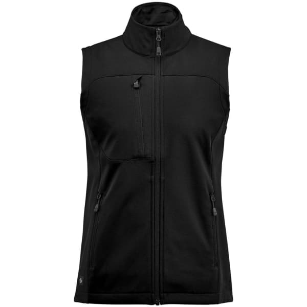 A women's black softshell vest featuring a high collar and zippered pockets, with a logo on the lower side.