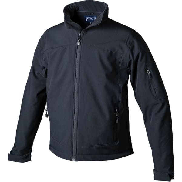 A black softshell jacket with a zip front, high collar, and side pockets, featuring a branding logo.