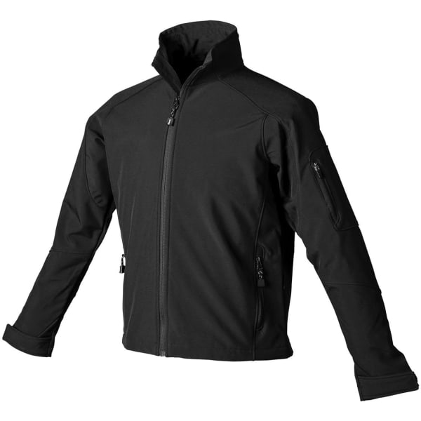 A black softshell women's jacket with zippered pockets and a high collar. The jacket has a logo on one sleeve.